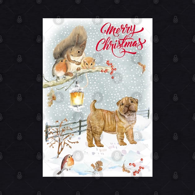 Shar Pei Merry Christmas Santa Dog Holiday Greeting by Puppy Eyes